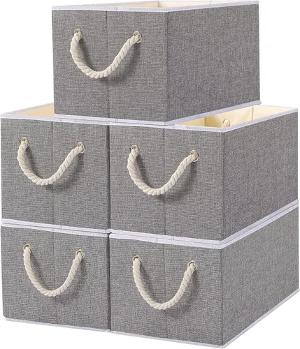 Miniatura 12 de Yawinhe Paquete de 3 cubos plegables de almacenamiento de tela, cubos plegables con asa de cuerda, organizadores grandes de armario para estantes