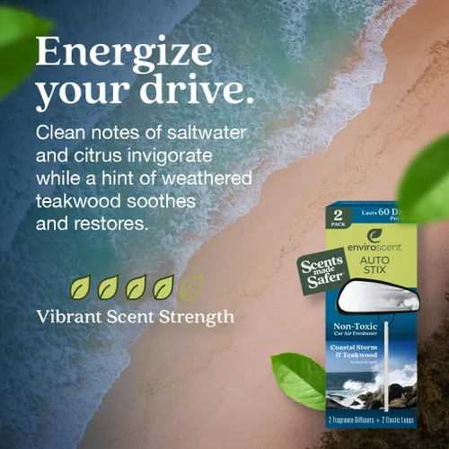 Miniatura 4 de Enviroscent Ambientador de coche no tóxico (tormenta costera y madera de teca) Ambientador natural para coche Difusor de aceite esencial Aroma