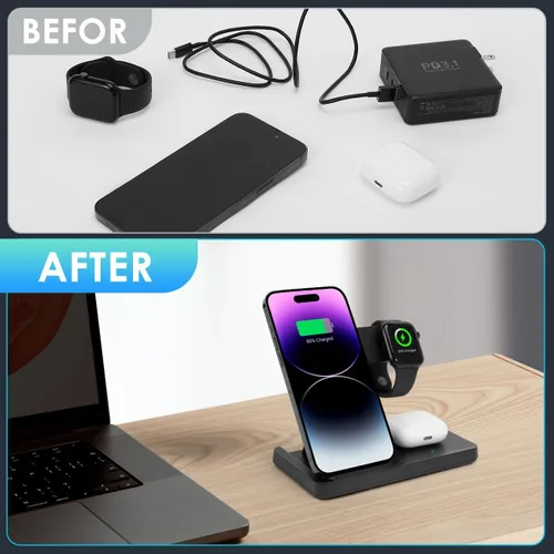 Miniatura 5 de Estación de carga 3 en 1 para múltiples dispositivos, cargador inalámbrico para iPhone serie 8-16 y Apple Watch, estación de carga inalámbrica