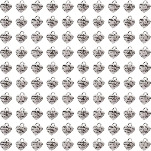 Miniatura 6 de Shapenty 100 mini cuentas de metal en forma de corazón "Hecho con amor" a granel para manualidades, llavero, collares, colgantes, pulseras, aretes