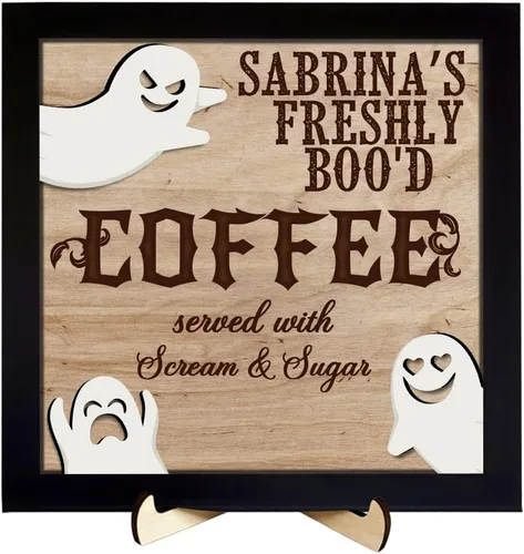 Miniatura 10 de Letrero personalizado de Freshly Boo D Coffee para Halloween, lindo letrero de madera de fantasma, letrero de boo, letrero divertido de Halloween