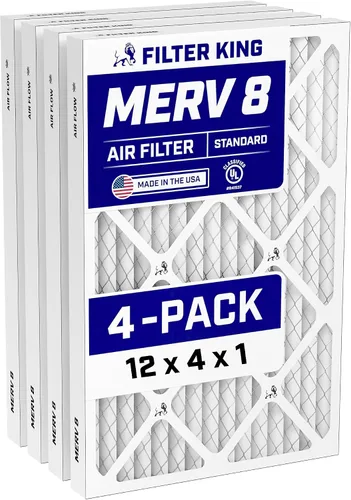 Filter King Filtro de aire 12x4x1 | Paquete de 4 | Filtros plisados MERV 8 HVAC para horno A/C | HECHO EN EE. UU. | Tamaño real: 12 x 4 x .75