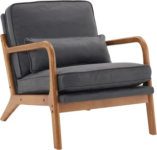 Miniatura 10 de SSLine Sillón tapizado moderno de tela de lino suave con almohada y marco de madera de roble, cómodo sofá individual con respaldo alto, silla