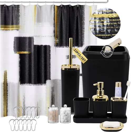 Miniatura 20 de XLHOMO Juego de baño – Juego de accesorios de baño negro, juegos de baño con cortina de ducha y alfombras, juego de cortina de ducha negra