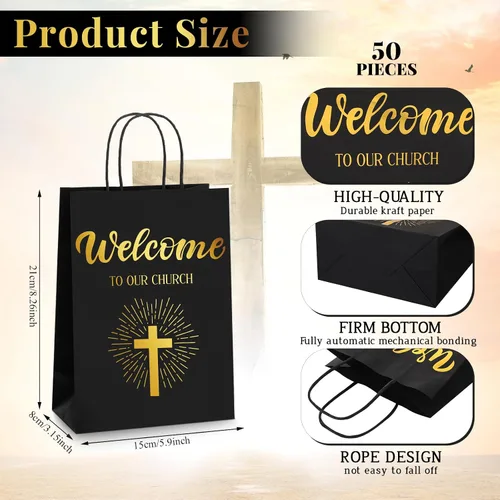 Miniatura 2 de Chuangdi 50 bolsas de regalo de bienvenida a la iglesia, bolsas de papel cristiano con asas para invitados, día de la madre, baby shower, Negro
