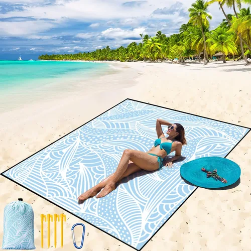 Miniatura 13 de WIWIGO Manta de playa impermeable a prueba de arena tapete de playa 79" X 83"/10'x9' para 2-8 adultos, de secado rápido, tapete de picnic al aire