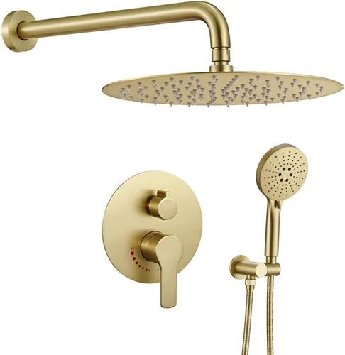 Sistema de ducha de oro cepillado de 12 pulgadas para baño, cabezal de ducha de lluvia dorado de alta presión con rociador de mano, accesorios de