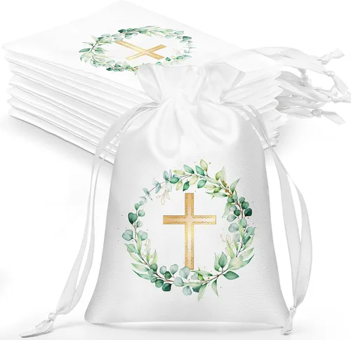 Miniatura 7 de PerKoop 50 bolsas de regalo de satén para bautismo con cordón de 4 x 6 pulgadas, bolsas de regalo religioso con cruz, bolsas de joyería