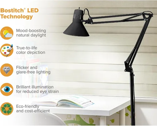 Miniatura 5 de Bostitch Office VLF100F Lámpara de Pie de Metal con Brazo Oscilante, 72" de Alto con Ajuste Multi-Articulación, Incluye Bombilla LED Reemplazable