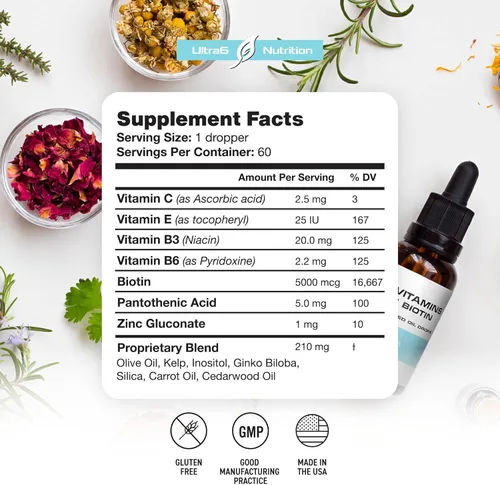 Miniatura 3 de Ultra6 Nutrition Biotina líquida con vitaminas para el cabello, vitamina C, E, B6 y aceite de coco orgánico, biotina líquida para el cabello