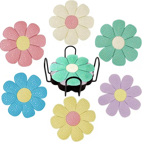 Miniatura 11 de Bulerrylulu Juego de 6 posavasos de pintura de diamantes con soporte, juego de posavasos de arte de diamante de paisaje para bebidas y mesa de café