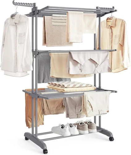 SONGMICS Tendedero para Ropa de 4 Niveles, Tendedero Plegable para Secado de Ropa de 173 cm de Altura, Acero, Carrito para Secar Ropa, Fácil de Gris