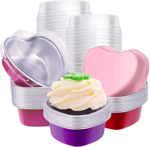 Miniatura 10 de yeload 60 moldes para pasteles en forma de corazón con tapas, mini moldes de aluminio, 3.4 onzas/3.4 fl oz de papel de aluminio desechable, molde