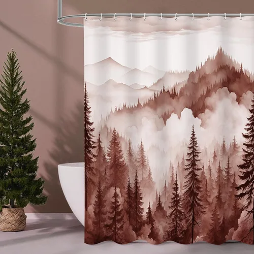 Miniatura 21 de Litabel - Cortina de ducha negra pequeña de 36 x 72 pulgadas, diseño de bosque de pino neblinoso, cortinas de ducha estrechas de medio