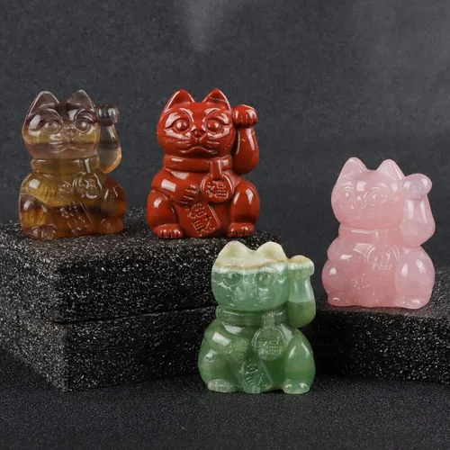 Miniatura 7 de Artistone Figura coleccionable de cristal de jaspe rojo Maneki Neko Money Feng Shui Fortune Lucky Cat Escultura de piedras preciosas para atraer
