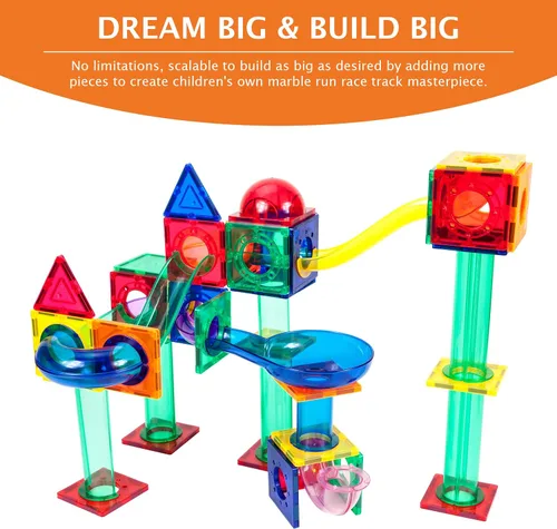 Miniatura 7 de PicassoTiles Paquete de 70 piezas de pista de carreras de canicas + 60 azulejos magnéticos, divertido y creativo, juguete sensorial educativo
