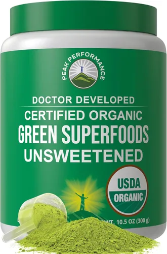 Peak Performance Polvo de Superalimento Verde Orgánico Sin Azúcar. Polvo Super Greens con más de 25 ingredientes orgánicos para máxima energía y