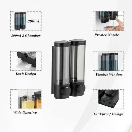 Miniatura 4 de Dispensador de jabón para montar en la pared de 2 cámaras, 10 onzas/10.1 fl oz, dispensador de champú y acondicionador de ducha recargable, sin