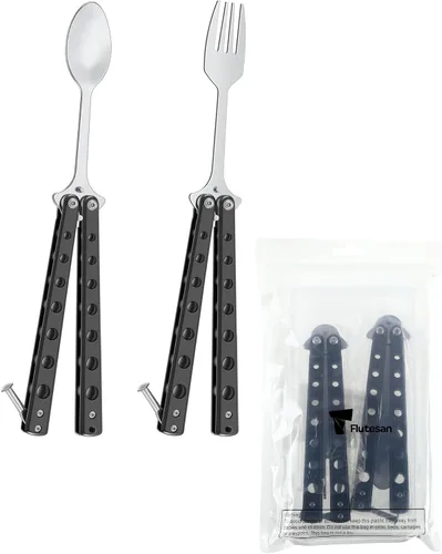 Miniatura 8 de Flutesan Juego de 2 Piezas de Tenedor y Cuchara Mariposa, Cuchara Táctica Mariposa Plegable de Acero Inoxidable Conjunto de Utensilios Spork