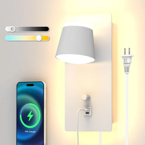 Sytmhoe Aplique de pared LED regulable con puertos USB & C, 5 temperaturas de color (2700 K-6000 K) lámpara de lectura enchufable, lámpara de pared