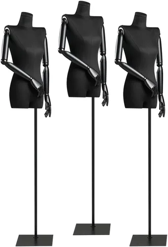 Maniquí femenino con pasamanos de madera maciza, maniquí de torso con base cuadrada de 57 a 80 pulgadas de altura ajustable para coser ropa, Negro