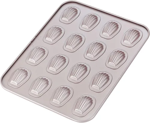 CHEFMADE Molde para tartas de Madeleine, 16 cavidades, antiadherente, con carcasa ovalada, para hornear al horno (dorado champán)