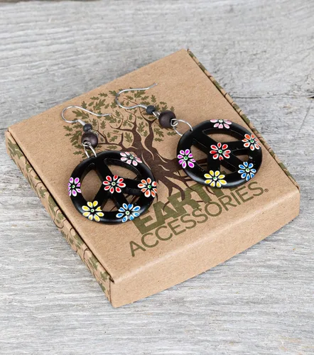 Miniatura 5 de Earth Accessories Aretes colgantes con signo de la paz con madera orgánica, accesorios hippie y disfraz hippie para los años 60 o 70