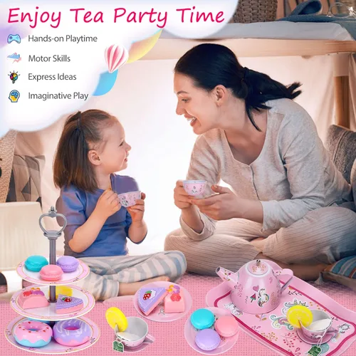 Miniatura 5 de Juego de Té Juguetes para Niñas 36 piezas, Juego de Fiesta de Té de Unicornio de Hojalata Juguete de Juego de Simulación Regalos para Niñas Pequeñas