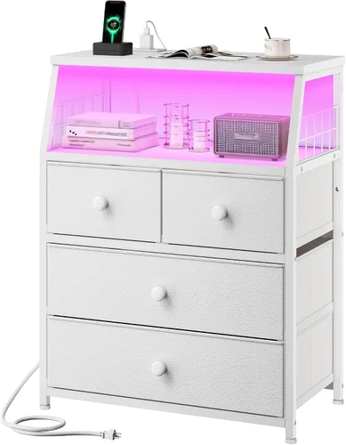 Miniatura 11 de EnHomee Mesita de noche negra de 21.8 pulgadas de ancho con estación de carga y luces LED, mesita de noche con 4 cajones de tela, mesa de noche