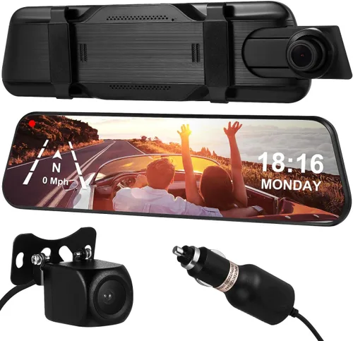 ULTECHNOVO - Espejo con pantalla táctil de 10.23 pulgadas con cámaras delanteras y traseras 1080P, doble grabación, transmisión, multimedia,