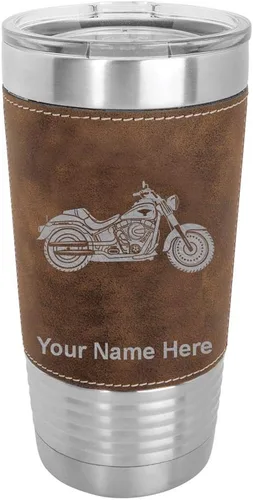 LaserGram Vaso aislado al vacío de 20 onzas, motocicleta, grabado personalizado incluido (cuero sintético, rústico)