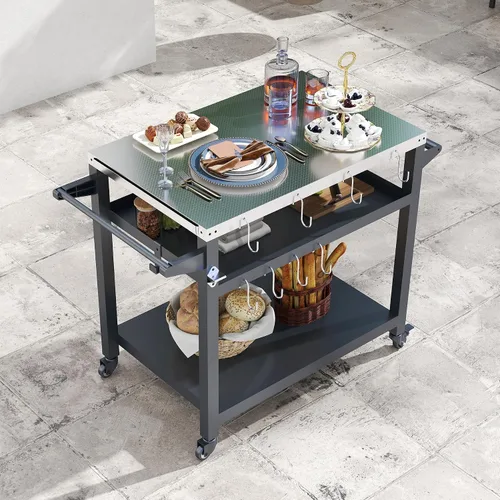 Miniatura 3 de Domi - Mesa de parrilla para exteriores de 3 estantes, carrito de parrilla con ruedas, horno de pizza al aire libre y mesa de preparación