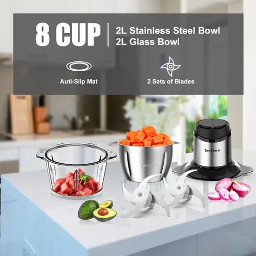 Miniatura 2 de Sovyime - Procesador de alimentos, picadora de carne y verduras para uso doméstico, picadora pequeña de alimentos Sovyime con 2 cuencos (8 tazas)