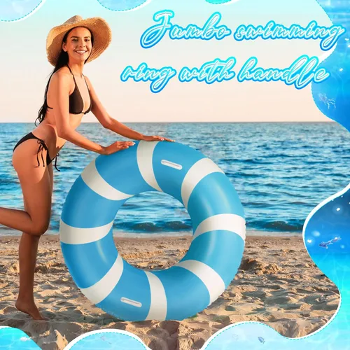 Miniatura 6 de WinnerWhy 1 anillo de natación azul jumbo con asas de 47.24 pulgadas, tubo inflable de flotador de piscina clásico a rayas para adultos, tumbonas