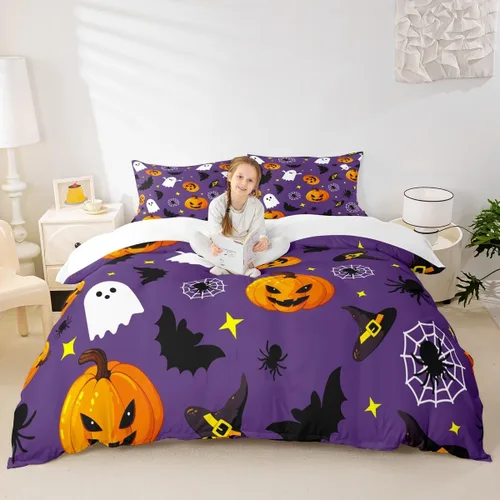 Miniatura 26 de Manfei Juego de funda de edredón con diseño de calabaza, tamaño individual, funda de edredón con 1 funda de almohada, juego de ropa de cama de 2