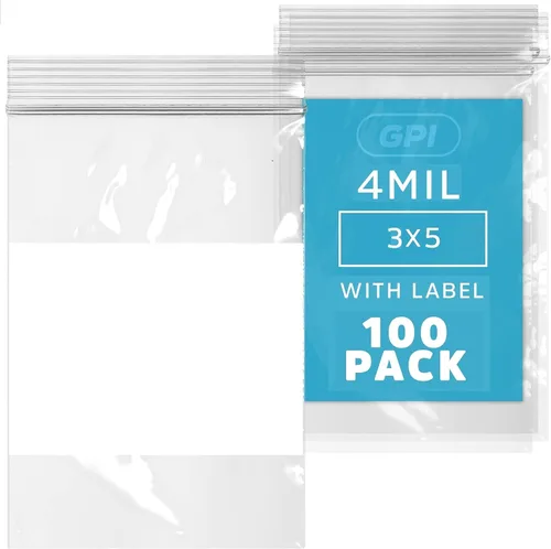 Miniatura 10 de GPI - 3" x 4" - Caja a granel de 1000, bolsas de plástico transparente con cierre de cremallera de 4 mil de grosor, resistentes, con bloque blanco