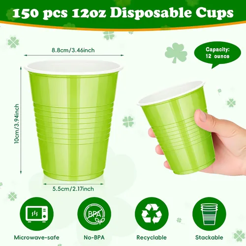 Miniatura 2 de DI QIU REN Paquete de 150 vasos de plástico verdes de San Patricio de 12 onzas, vasos desechables amarillos claros y verdes oscuros para bodas