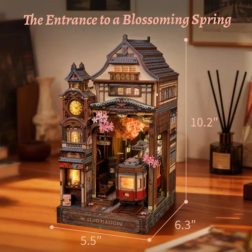 Miniatura 3 de FUNPOLA Kit de rincón de lectura del tren Sakura – Rompecabezas de madera 3D con LED y espejo infinito – Decoración de estantería DIY, manualidad