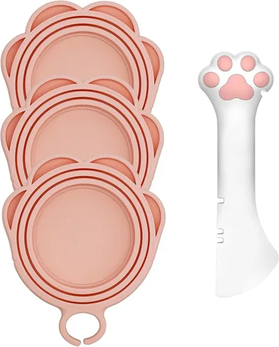 Miniatura 16 de Cuchara para Latas de Comida para Mascotas y 3 Tapas para Latas Espátula Abridor con Forma de Pata Linda Cuchara para Comida Húmeda de Gato Gris