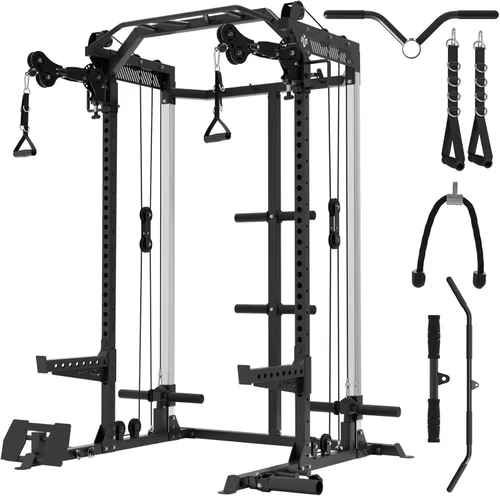 Miniatura 19 de Mikolo - Jaula de fuerza, estante de potencia de 2000LB con sistema de polea doble independiente, máquina de entrenamiento multifunción
