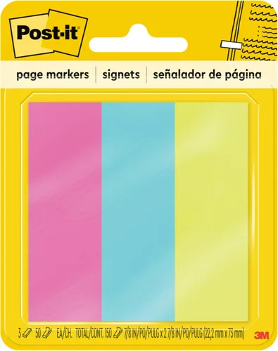 Post-it Marcadores de página adhesivos, colores brillantes surtidos, pestañas reposicionables de 7/8 pulgadas x 2-7/8 pulgadas, tiras adhesivas para