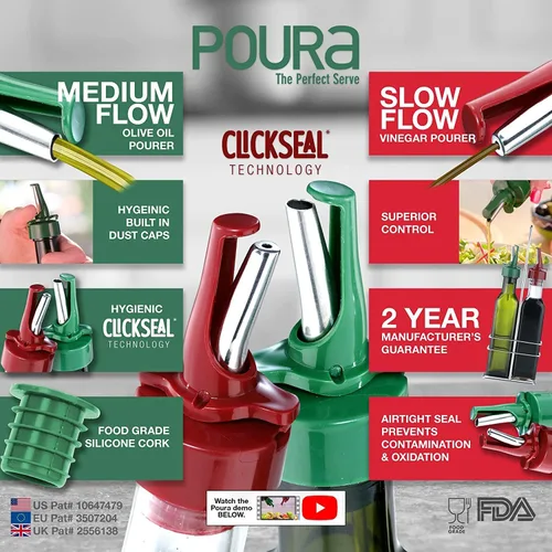 Miniatura 2 de Poura Juego de rociadores de botellas de vinagre y aceite de oliva con boquillas de vertido sin BPA ClickSeal Botellas dispensadoras de aceite