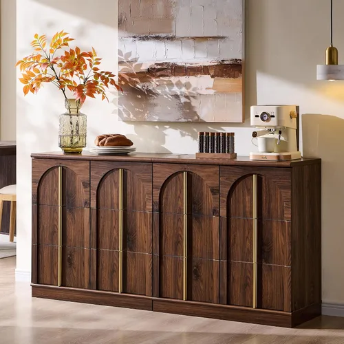 Miniatura 16 de ACCOHOHO Armario buffet con almacenamiento y puertas arqueadas, aparador de madera de 63 pulgadas con estante ajustable, modernas mesas de café
