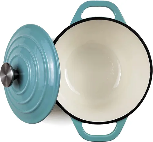Miniatura 4 de HAWOK Horno holandés de hierro fundido esmaltado con tapa, 5 cuartos de galón, horno holandés redondo profundo con asas dobles, verde