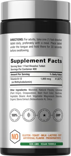 Miniatura 2 de Horbäach Vitamina B12 1000 mcg Sublingual 400 Comprimidos de Disolución Rápida Suplemento de Metilcobalamina para Mujeres y Hombres Sabor a