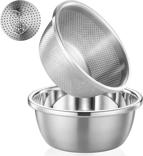 Miniatura 9 de Colador de Acero Inoxidable 304 de 2QT Colador Microporoso y Tazón de Mezcla para Cocina, Colador de Arroz con Cuenco de Lavado para Colar Pasta