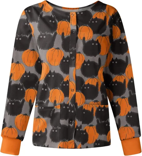PETYCZEN Chaquetas médicas para mujer, casual, manga larga, talla grande, lindo gráfico a presión frontal, uniforme de enfermería con bolsillos