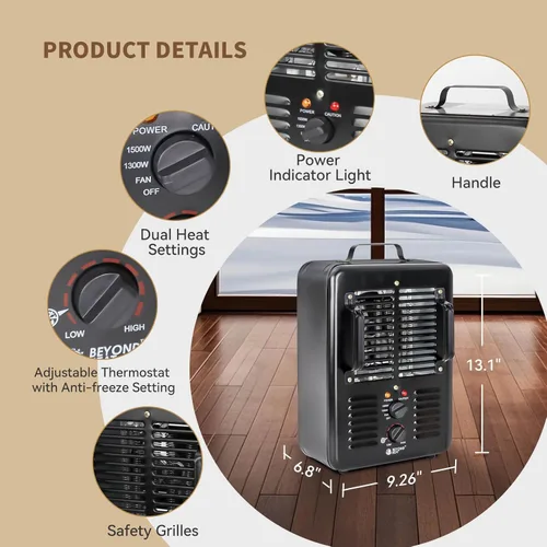 Miniatura 3 de BEYOND HEAT Milkhouse - Calentador eléctrico de 1300 W/1500 W con termostato, 3 ajustes de calor, seguro y silencioso para el hogar, garaje, taller