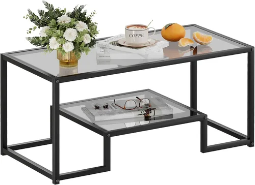Miniatura 9 de Wolawu Mesa de Café de Cristal Gris Mesa de Café para Sala de Estar, Mesa Central Rectangular de 2 Niveles con Marco de Metal Resistente, Mesa