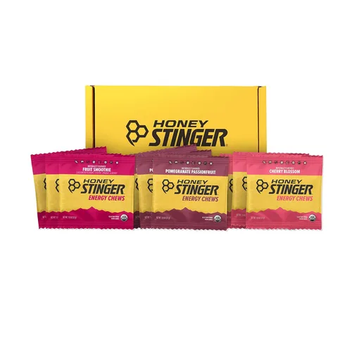 Honey Stinger Organic Energy Chew - Paquete variado de 3 batidos de frutas, granada y flor de cerezo, sin gluten y sin cafeína, nutrición deportiva